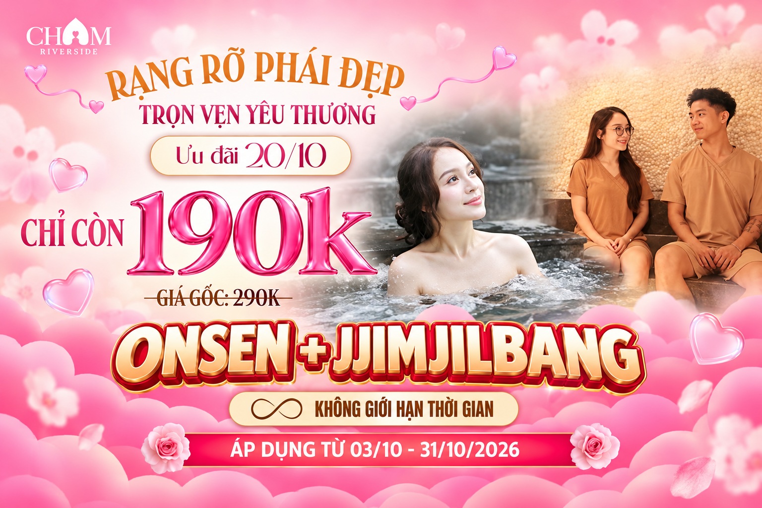 Ưu đãi 20/10 tại CHAM Riverside: Onsen và Jjimjilbang chỉ 190K